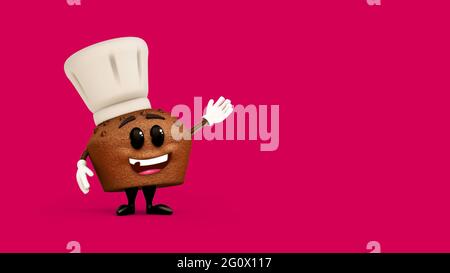 3D-Rendering eines niedlichen Muffins mit einer Haube und winken die Hand auf einem leuchtend rosa Hintergrund Stockfoto