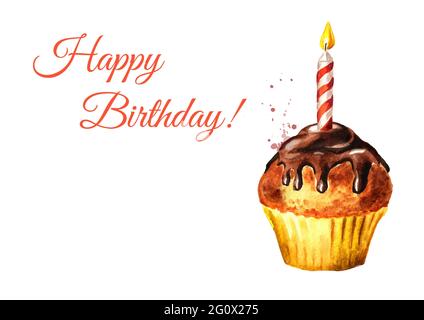 Happy Birthday Karte. Brownie mit Kerze. Aquarell handgezeichnete Illustration isoliert auf weißem Hintergrund Stockfoto