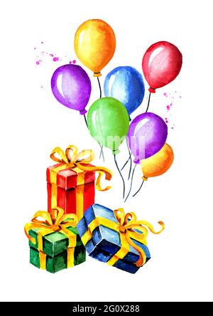 Bunte Luftballons mit Geschenkschachteln. Aquarell handgezeichnete Illustration, isoliert auf weißem Hintergrund Stockfoto