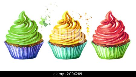 Kuchen-Set. Aquarell handgezeichnete Illustration, isoliert auf weißem Hintergrund Stockfoto