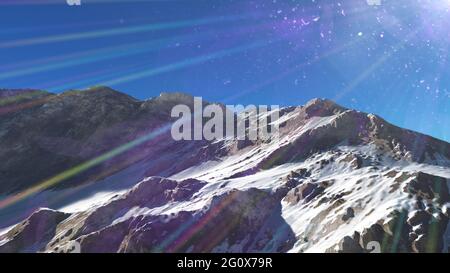 Mountain Snow Sun Ray Illustration, 3d Rendering Stockfoto
