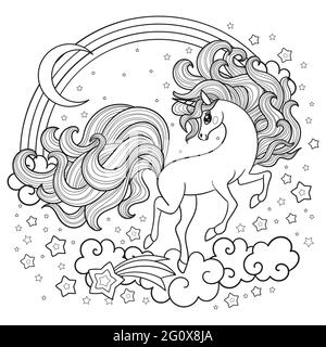 Ein süßes Einhorn mit einer langen Mähne galoppiert unter den Sternen. Schwarz-weiße lineare Zeichnung. Für die Gestaltung von Drucken, Plakaten, Stickern, Malbüchern, Stock Vektor