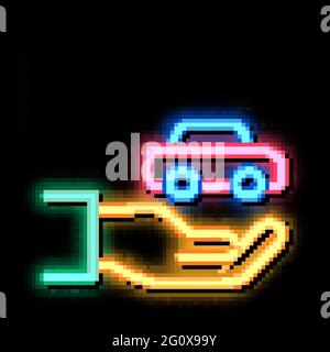 Abbildung des Leuchtsymbols „Hand Holding Car“ mit Neonlicht Stock Vektor