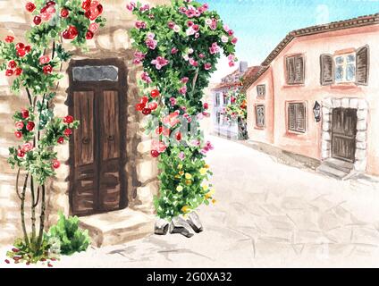 Ländliche Straße mit Häusern und Rosenblumen, handgezeichnete Aquarell-Illustration Stockfoto