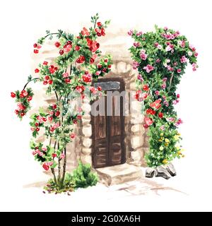 Holztür in einem alten Steinhaus mit Klettergerüsten. Handgezeichnete Aquarelldarstellung isoliert auf weißem Hintergrund Stockfoto