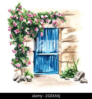 Blaue Holztür in einer alten Steinmauer mit Klettergerüsten. Handgezeichnete Aquarelldarstellung isoliert auf weißem Hintergrund Stockfoto