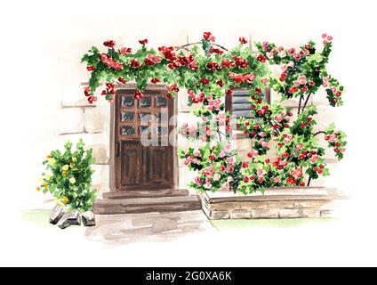 Holztür in einem alten Steinhaus mit Klettergerüsten. Handgezeichnete Aquarellillustration, isoliert auf weißem Hintergrund Stockfoto