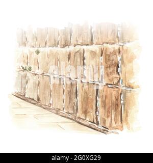 Westliche oder klageende oder weinende Mauer in Jerusalem, Israel. Handgezeichnete Aquarellillustration, isoliert auf weißem Hintergrund Stockfoto