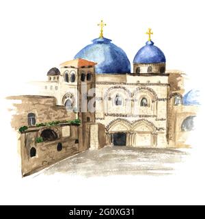 Grabeskirche in Jerusalem, Israel. Handgezeichnete Aquarellillustration, isoliert auf weißem Hintergrund Stockfoto