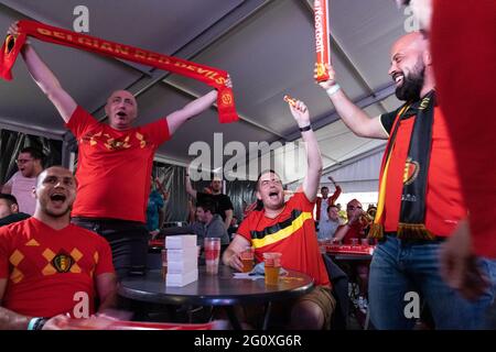 Die Abbildung zeigt Fans, die während einer Testveranstaltung mit rund 300 Fans nach dem Freundschaftsspiel des belgischen Nationalfußballs jubeln Stockfoto