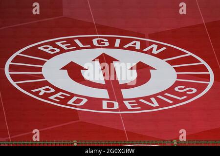 BRUSSEL, BELGIEN - 3. JUNI: Logo der belgischen Roten Teufel beim Internationalen Freundschaftsspiel zwischen Belgien und Griechenland im König-Baudouin-Stadion am 3. Juni 2021 in Brussel, Belgien (Foto: Jeroen Meuwsen/Orange Picles) Stockfoto