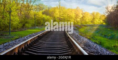 Morgenlandschaft auf den Bahngleisen. Sonnenstrahlen, grünes Gras und gelbe Blätter auf den Bäumen, auf denen sich der Zug bewegt Stockfoto
