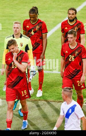 Die belgischen Spieler im Bild nach einem Freundschaftsspiel der belgischen Fußballnationalmannschaft Red Devils und der griechischen Nationalmannschaft, in Brüssel, Teil der Pre Stockfoto