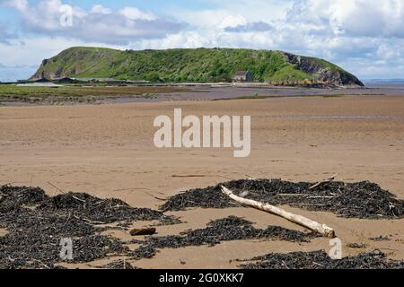 Brean Down vom bergauf gelegenen Strand, Somerset. Der Fluss Axe Estury trennt den Strand von Brean Down Stockfoto