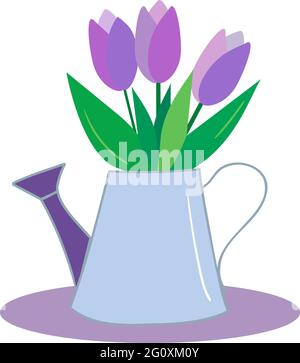 Retro-Gießkanne mit Polka-Punkten, mit drei Tulpen, isoliert auf weißem Hintergrund. Stock Vektor