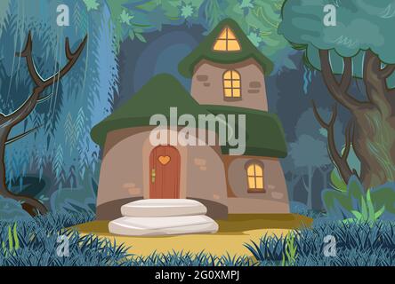 Fabelhaftes lustiges Haus auf der Lichtung. Nacht. Waldwiesenlandschaft. Wohnung des Gnom. Schöne Cartoon-Illustration. Nettes Baby Bild. Vektor Stock Vektor