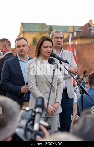 Warschau, Polen - 03. Juni 2021: Porträt der weißrussischen Oppositionsführerin Sviatlana Tsikhanouskaya nimmt an einem Protest gegen die politische Situation in Teil Stockfoto