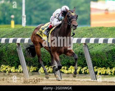 Elmont, NY, USA. Juni 2021. 3. Juni 2021: Happy Soul #4, geritten von John Velazquez, gewinnt am Donnerstag beim Belmont Stakes Festival im Belmont Park in Elmont, New York, die Astoria Stakes. Scott Serio/Eclipse Sportswire/CSM/Alamy Live News Stockfoto