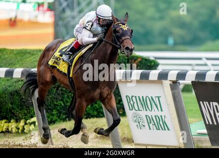 Elmont, NY, USA. Juni 2021. 3. Juni 2021: Happy Soul #4, geritten von John Velazquez, gewinnt am Donnerstag beim Belmont Stakes Festival im Belmont Park in Elmont, New York, die Astoria Stakes. Scott Serio/Eclipse Sportswire/CSM/Alamy Live News Stockfoto