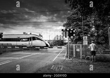 Der elektrifizierte Hochgeschwindigkeitszug Azuma führt an einem auotmatischen unbemannten Bahnübergang auf der Hauptlinie der Ostküste vorbei. Stockfoto