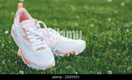 Weiße Damen-Sneakers mit Koralleneinsätzen stehen auf Gras in Sonnenstrahlen. Speicherplatz kopieren. Banner Stockfoto