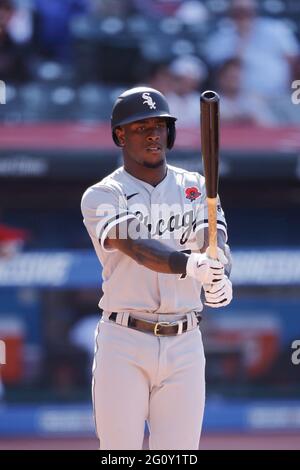 CLEVELAND, OH - MAI 31: Tim Anderson (7) von der Chicago White Sox tritt während eines Spiels gegen die Cleveland-Indianer bei Progressive auf die Platte, um zu schlagen Stockfoto