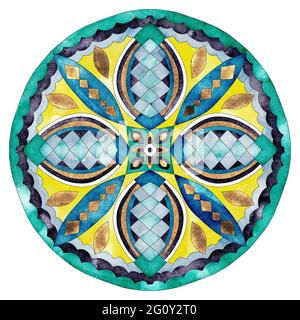 Mandala Blumenmuster, handbemaltes Aquarell Ethnisches rundes Design-Element Stockfoto