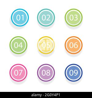 Anzahl Aufzählungspunkte flacher Kreis auf weißem Hintergrund. Bunte Farbe mit Zahl von 01 bis 09 für Ihr Design. vektor-Illustration Stock Vektor