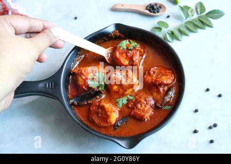 Goa Food-Indische traditionelle Goan Garnelen oder Shrimp-Kurry. Kolambiche kalwan/Tichle. Scharfe, hausgemachte Fischsoße, zubereitet mit Kokosmilch. Stockfoto