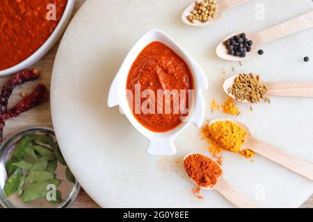 Indisches Essen - Goan Fisch-Urcreme oder einfache rote Kokosnuss Fisch-Urcreme-Masala. Serviert in der fischförmigen Schüssel. Zutaten im Hintergrund mit Platz für Kopien. Stockfoto