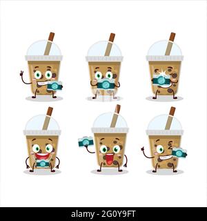 Fotograf Beruf Emoticon mit Schokoladenkaffee mit boba Zeichentrickfigur. Vektorgrafik Stock Vektor