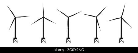 Satz von Symbolen für Offshore-Windgenerator. Silhouetten von Windenergieanlagen. Windtürme. Isolierte Schwarz-Weiß-Vektorgrafik. Stock Vektor