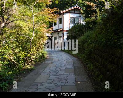 Minamiaso, Japan - 6. November 2016: Gehweg zu Shirakawa Springs, berühmt für sein Wasser und die Quelle des Shirakawa Flusses Stockfoto