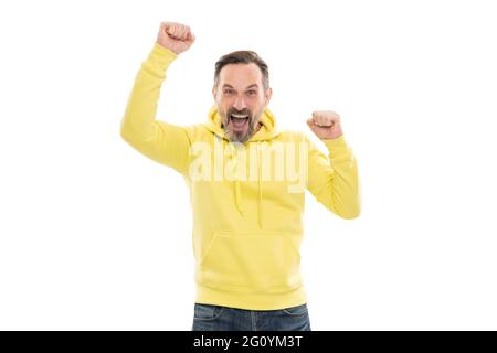 ich bin so glücklich. Menschliche Emotionen. Reifer glücklicher Mann mit Bart. Senior Kerl feiert Erfolg Stockfoto