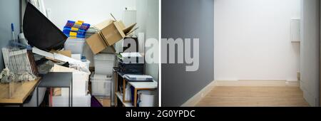 Vor Nach Unordnung Zimmer Entlutter Und Clearing Stockfoto