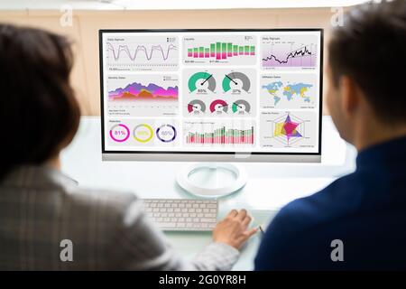 Zwei Analytiker, die KPI Dashboard auf einem Desktop-Computer verwenden Stockfoto