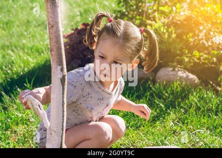 Kleines Mädchen 2-4 Jahre alt mit Pinsel weiß die Basis von jungen Baumstamm im Garten Stockfoto