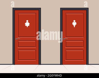 Öffentliche Toilette mit roten Türen im Büro oder Club. Türen mit Ikone Mann und Frauen. Stock Vektor