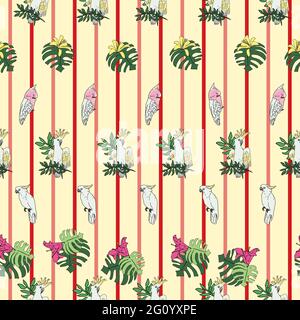 Vektor pastellgelb Hintergrund tropische Vögel, Papageien, exotische Käsepflanze, Monstera, Hibiskusblüten. Nahtloser Musterhintergrund Stock Vektor
