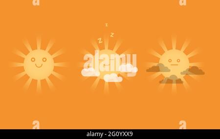 Niedliche, lächelnde Sonnen mit Wolken. Vektorgrafik. Stock Vektor