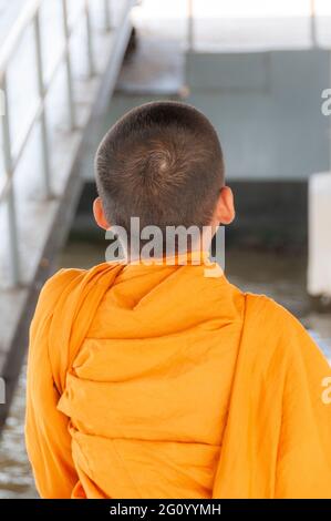 Die Rückansicht eines jungen buddhistischen Mönchs in Safranroben in Bangkok in Thailand in Südostasien. Stockfoto