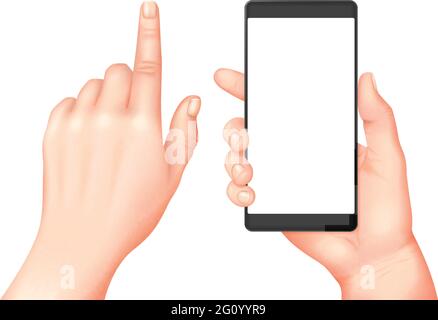 Hände halten Smartphone mit leerem Bildschirm isoliert auf weißem Hintergrund. Fotorealistische Vektordarstellung. Stock Vektor