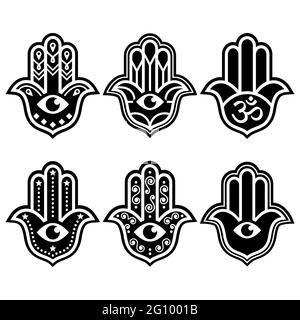 Hamsa Hand mit dem bösen Auge geometrische Vektor-Design-Set - Symbol des Schutzes, Spiritualität in weiß auf schwarzem Hintergrund Stock Vektor