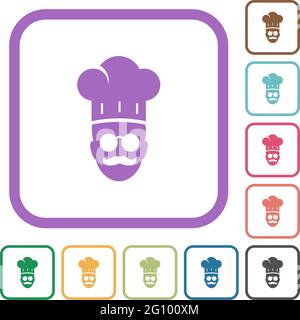 Meisterkoch mit Brille und Schnurrbart einfache Symbole in farbigen abgerundeten quadratischen Rahmen auf weißem Hintergrund Stock Vektor