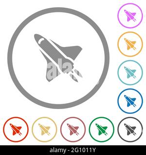 Space Shuttle mit Antriebs-Flat-Farbsymbolen in runden Umrissen auf weißem Hintergrund Stock Vektor