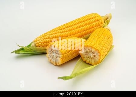 Nahaufnahme von oben, zeigt zwei Hälften mit einem einzigen rohen Sweet Corn, Mais, Zea Mays vor weißem Hintergrund, Stockfoto