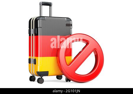 Einreiseverbot Für Deutschland. Koffer mit deutscher Flagge und Verbotsschild. 3D-Rendering auf weißem Hintergrund isoliert Stockfoto