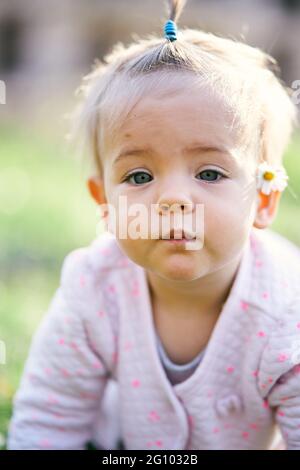 Kleines Mädchen mit einer weißen Kamille hinter ihrem Ohr. Nahaufnahme Stockfoto