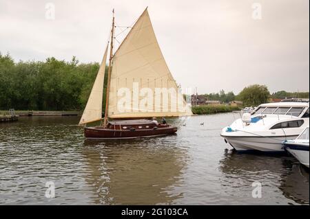 Der Fluss Bure in Horning mit einer Norfolk Segelyacht, die vorbeisegelt Stockfoto