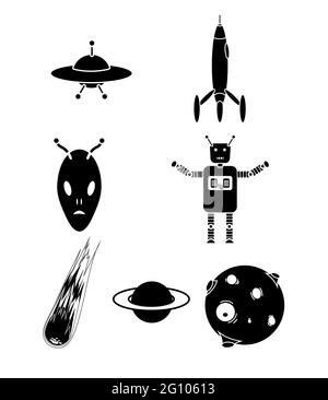 Science-Fiction-Figuren, ein Außerirdischer, Rakete, Roboter, Mond und Meteor Stock Vektor